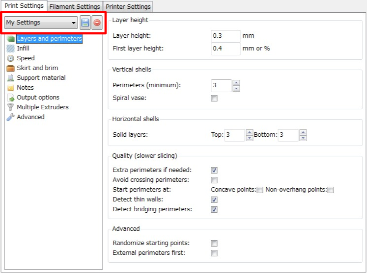 3Dプリンター,Slic3r,設定,方法,Repetier,使い方,Print settings,保存,呼び出し