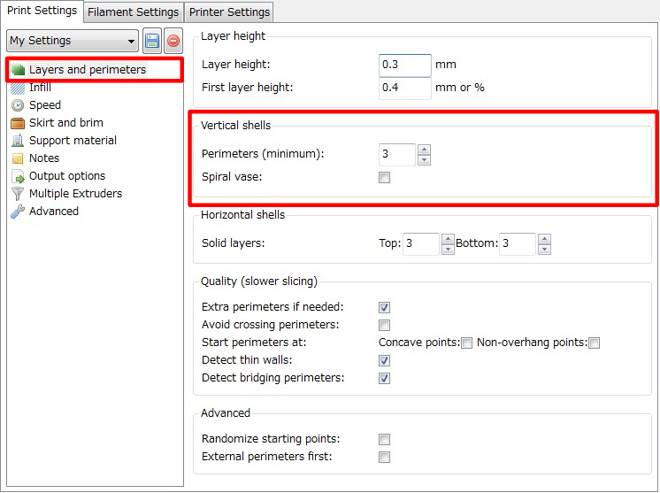 3Dプリンター,Slic3r,設定,方法,Repetier,使い方,Print settings,Layers and perimeters,Vertical shells,レイヤー,Perimeters,Spiral vase,スパイラル