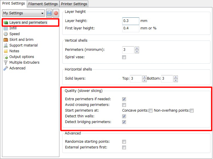 3Dプリンター,Slic3r,設定,方法,Repetier,使い方,Print settings,Layers and perimeters,Quality,品質,Extra perimeters if needed,Avoid crossing perimeters,Start perimeters at Concave points,Start perimeters at Non-overhang points,Detect thin walls,Detect bridging perimeters