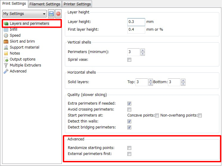 3Dプリンター,Slic3r,設定,方法,Repetier,使い方,Print settings,Layers and perimeters,Advanced,Randomize starting points,External perimeters first