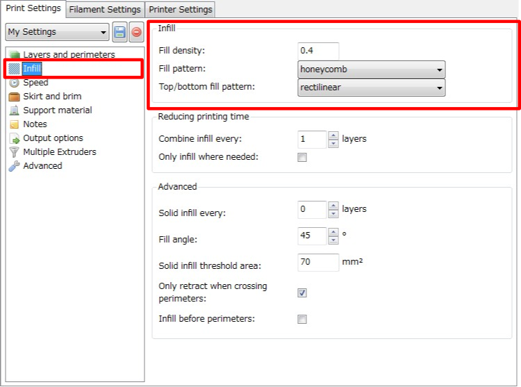 3Dプリンター,Slic3r,設定,方法,Repetier,使い方,Print settings,Infill,Fill density,Fill Pattern,rectilinear,line,concentric,honeycomb,hilbertcuve,archimedeanchords,octagramspiral,Top,Bottom,fill pattern