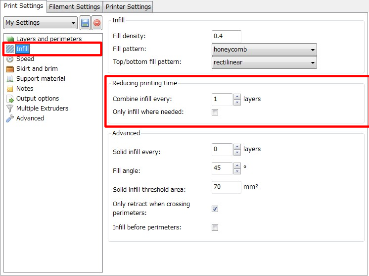 3Dプリンター,Slic3r,設定,方法,Repetier,使い方,Print settings,Infill,Reducing printing time,Combine infill every,Only infill where needed