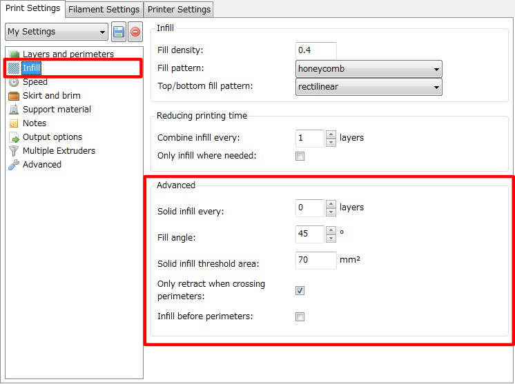 3Dプリンター,Slic3r,設定,方法,Repetier,使い方,Print settings,Infill,Advanced,Solid infill every,Fill angle,Solid infill threshold area,Only retract when crossing perimeters ,Infill before perimeters