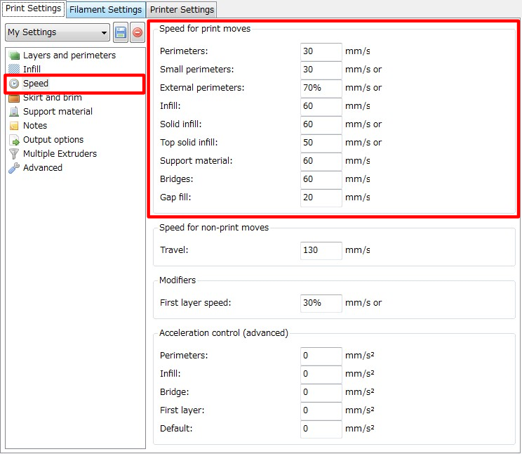 3Dプリンター,Slic3r,設定,方法,Repetier,使い方,Print settings,Speed,Speed for print moves,速度,Perimeters,Small perimeters,External ,Infill,Solid infill,Top soild infill,Support material,Bridges,Gap fill