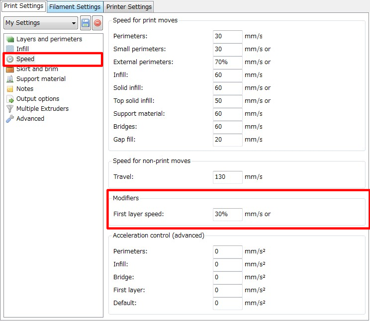 3Dプリンター,Slic3r,設定,方法,Repetier,使い方,Print settings,Speed,Modifirers,First layers speed