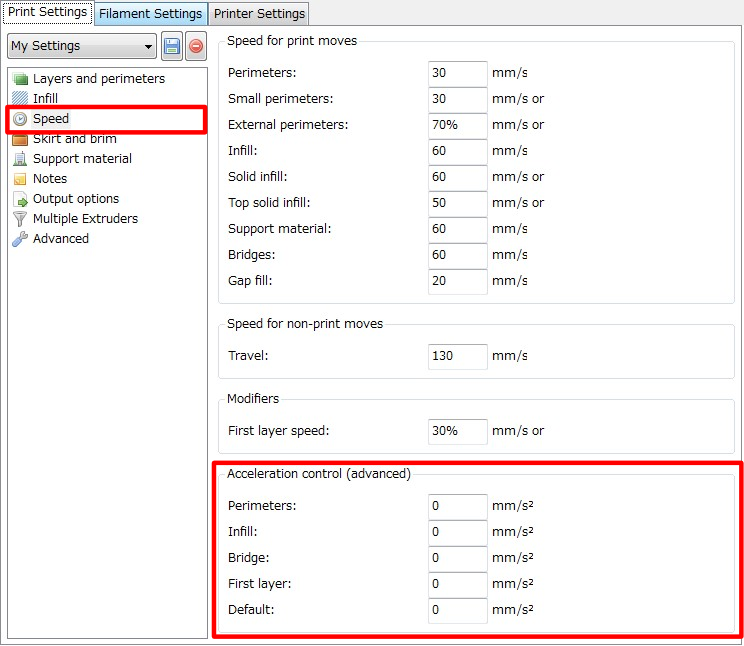 3Dプリンター,Slic3r,設定,方法,Repetier,使い方,Print settings,Speed,Acceleration control(advanced),加速,減速,Perimeters,Infill,Bridge,First layer,Default