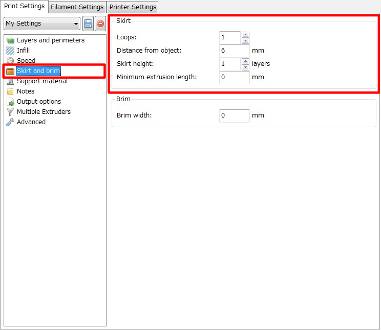 3Dプリンター,Slic3r,設定,方法,Repetier,使い方,Print settings,Skirt and brim_skirt,Skirt,スカート,Loops,Distance from object,Skirt height,Minimum extrusion length