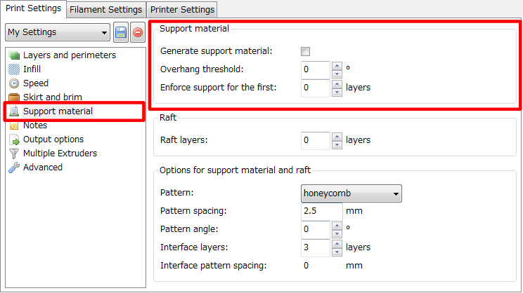 3Dプリンター,Slic3r,設定,方法,Repetier,使い方,Print settings,Support and material,サポート,Generate support material,Overhang threshold,Enforce support for the first