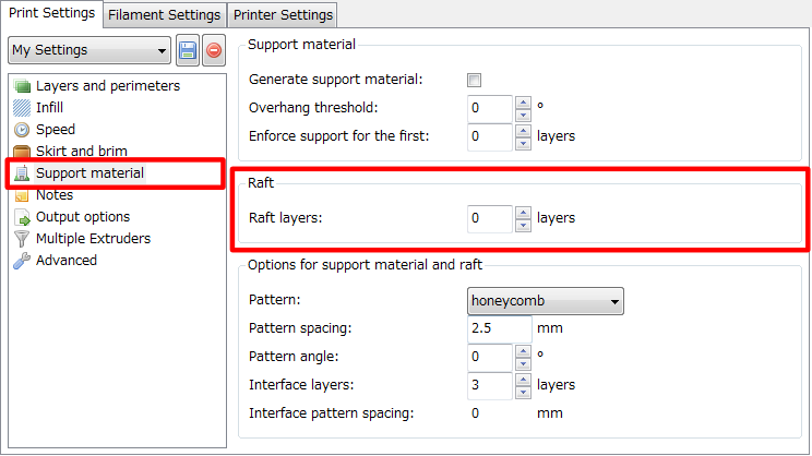 3Dプリンター,Slic3r,設定,方法,Repetier,使い方,Print settings,Raft,ラフト,Raft layers