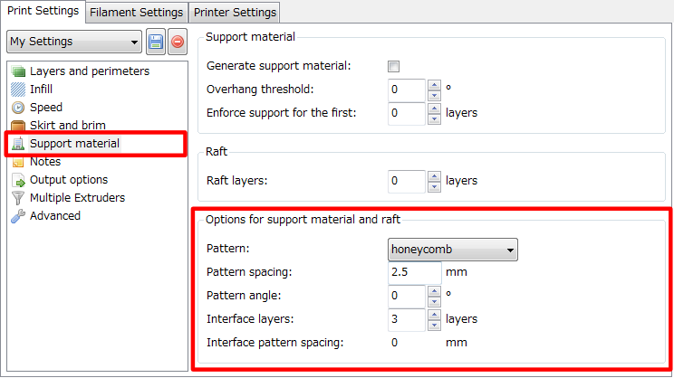 3Dプリンター,Slic3r,設定,方法,Repetier,使い方,Print settings,Options for support material and raft,オプション,Pattern,rectilinear,rectilinear grid,honeycomb,Pattern spacing,Pattern angle,Interface layers,Interface pattern spacing