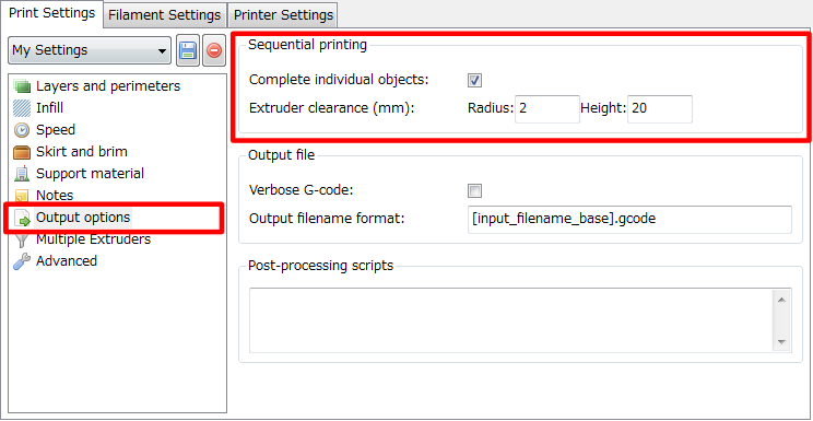 3Dプリンター,Slic3r,設定,方法,Repetier,使い方,Print settings,Output optioin,Sequential printing,Completed individual object,Exruder clearance(mm),Radius,Height