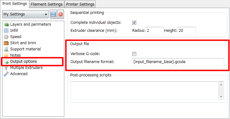 3Dプリンター,Slic3r,設定,方法,Repetier,使い方,Print settings,Output optioin,,Verbose G-code,Output filename format