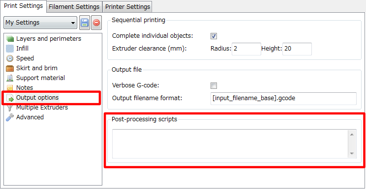 3Dプリンター,Slic3r,設定,方法,Repetier,使い方,Print settings,Output optioin,Post-processing script,スクリプト