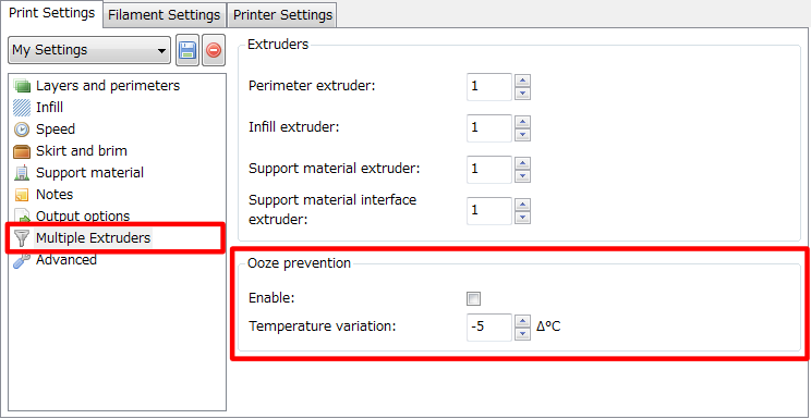 3Dプリンター,Slic3r,設定,方法,Repetier,使い方,Print settings,Output optioin,Multiple Extruders,Ooze prevention