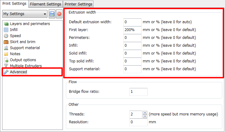 3Dプリンター,Slic3r,設定,方法,Repetier,使い方,Print settings,Advanced,Extrusion width