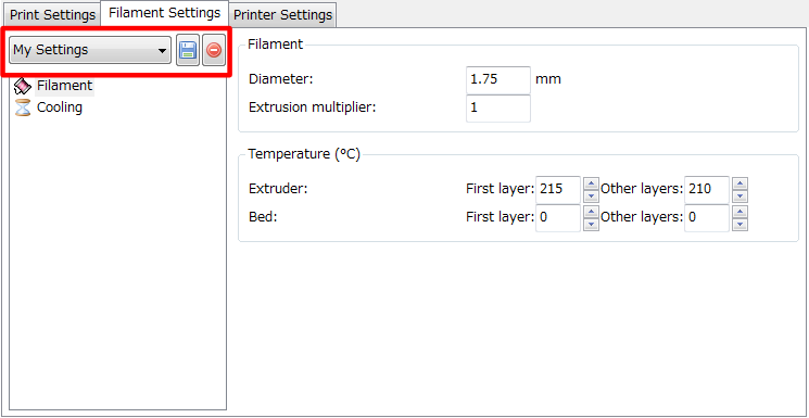 3Dプリンター,Slic3r,設定,方法,Repetier,使い方,Filament settings,保存,呼び出し