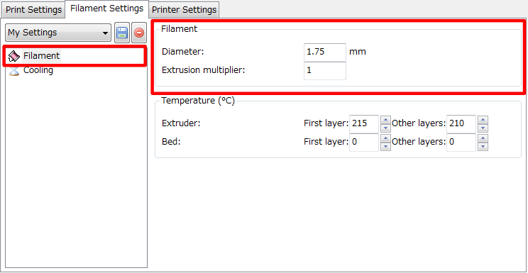 3Dプリンター,Slic3r,設定,方法,Repetier,使い方,Filament settings,Filament,Filament