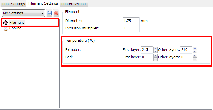 3Dプリンター,Slic3r,設定,方法,Repetier,使い方,Filament settings,Filament,Temperture