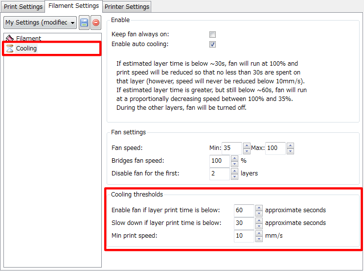 3Dプリンター,Slic3r,設定,方法,Repetier,使い方,Filament settings,Cooling,Cooling thresholds