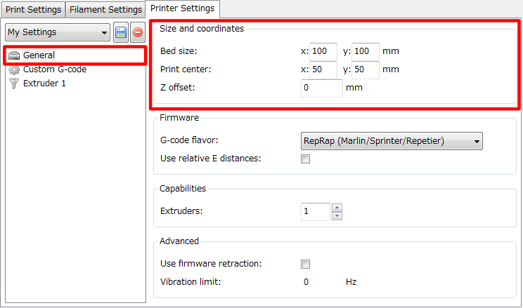 3Dプリンター,Slic3r,設定,方法,Repetier,使い方,Printer settings,General,Size and coordinate