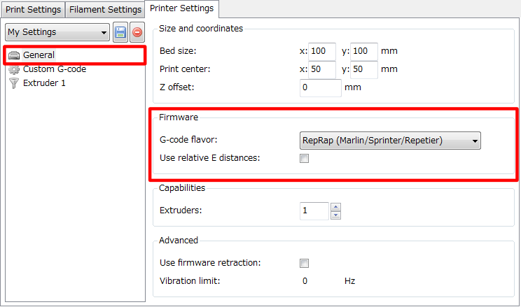 3Dプリンター,Slic3r,設定,方法,Repetier,使い方,Printer settings,General,Firmware