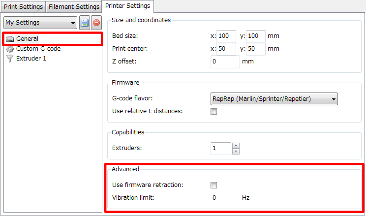 3Dプリンター,Slic3r,設定,方法,Repetier,使い方,Printer settings,General,Advanced