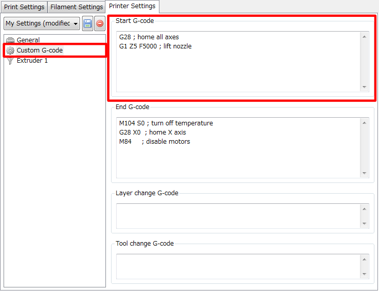 3Dプリンター,Slic3r,設定,方法,Repetier,使い方,Printer settings,Custom G-code,Start G-code