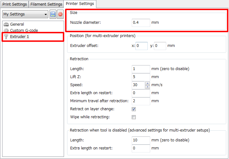 3Dプリンター,Slic3r,設定,方法,Repetier,使い方,Printer Settings,Extruder,Size