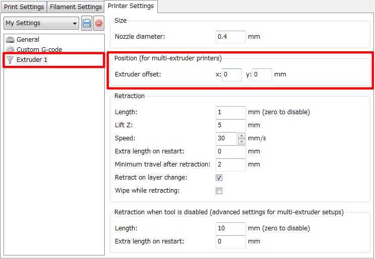 3Dプリンター,Slic3r,設定,方法,Repetier,使い方,Printer Settings,Extruder,Position,for multi-extruder printers