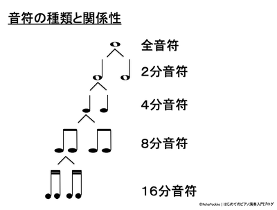 音符の種類と関係性（全音符〜16分音符）イメージ