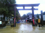 洪水で一の鳥居ま川の水が・・・