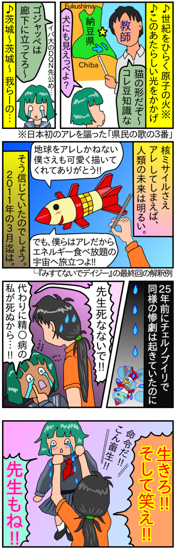 4コマ漫画テンプレートに描いた6コマ漫画。永野のりこ先生、みすてないでデイジーのミミちゃん、茨城県民の歌の3番、福島原発事故、伝説の変質者手帳の名言
