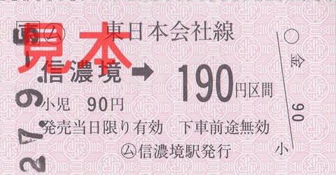 信濃境駅190円区間（常備軟券）