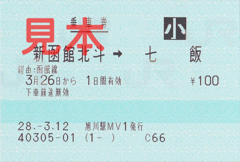 新函館北斗駅→七飯駅片道乗車券（指定席券売機小児券）
