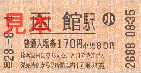 JR函館駅入場券（券売機券・小児券）