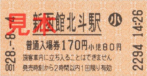 新函館北斗駅入場券（券売機券・小児券）