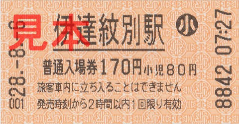 伊達紋別駅入場券（券売機券・小児券）