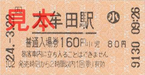 大牟田駅入場券（券売機券・小児券）