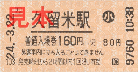 JR久留米駅入場券（券売機券・小児券）