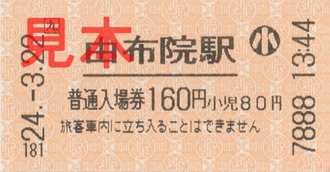 由布院駅入場券（券売機券・小児券）