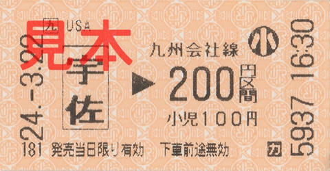 宇佐駅200円区間（券売機券・小児券）