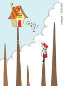 山頂・山小屋・家・小鳥・雲