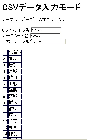 PHP+SQL CSVファイルインポート実行画面