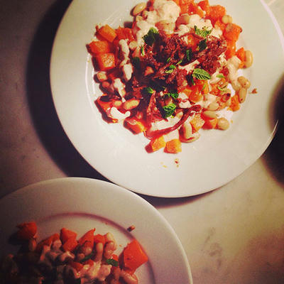 Pumpkin and White Beans with Sizzled Lamb, Yogurt, Mint