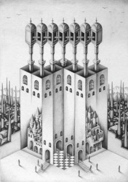 Monochrome “Pencil drawing”, Images and Pictures - 「Tower of different dimension」