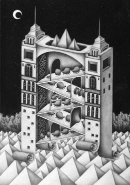 Monochrome “Pencil drawing” Illustration, Images and Pictures - 「Clock tower of different space」