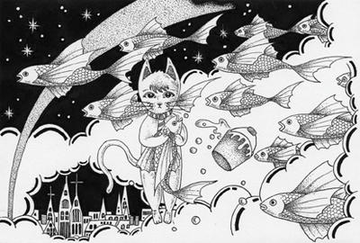 Monochrome “Ink drawing” Illustration, Images and Pictures - 「Cat and fish in the world in the air」