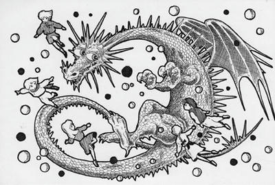 Monochrome “Ink drawing” Illustration, Images and Pictures - 「Dragon and children」