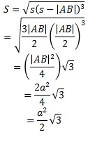 S=√(s(s-|AB|)^3)=√(3|AB|/2×(|AB|/2)^3)=|AB|^2√(3)/4=2a^2×√(3)/4=a^2√(3)/2