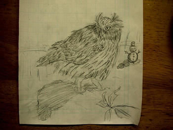 雪面に立つシマフクロウを描いたつもり